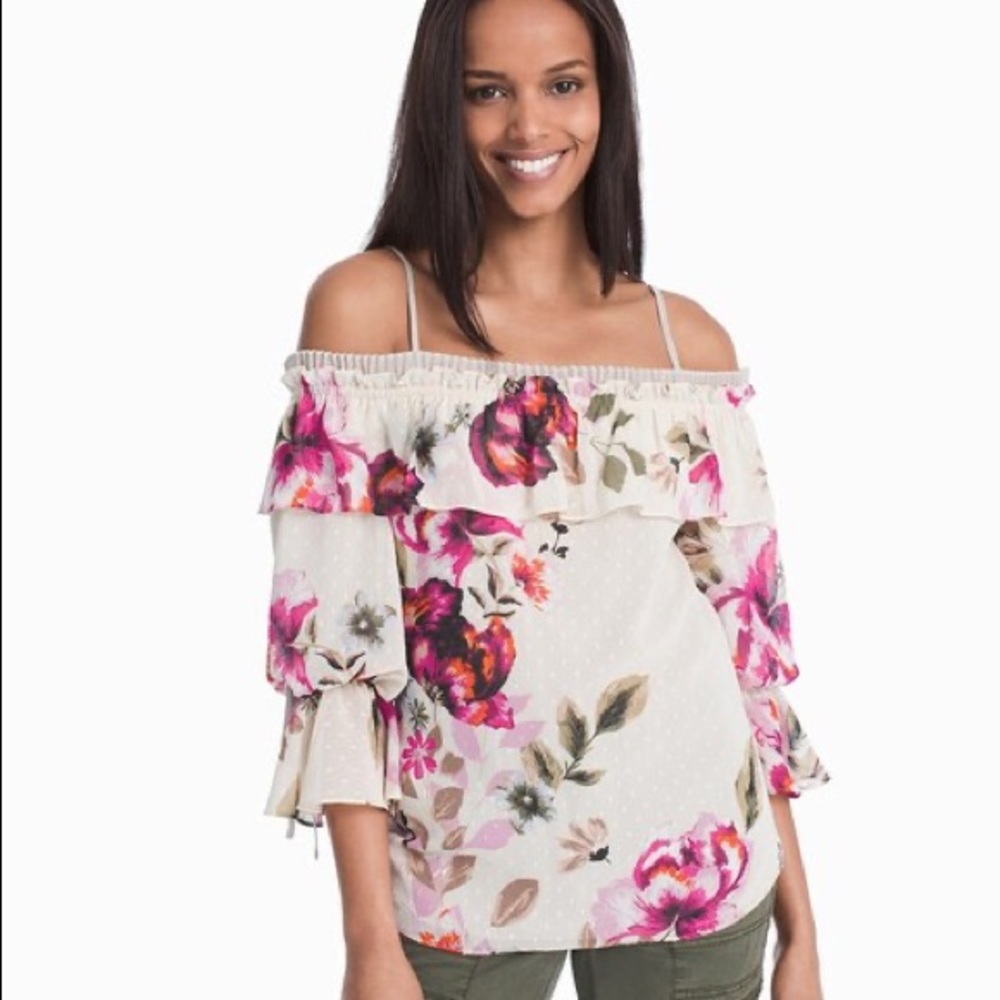 White House Black Market floral off the shoulder sheer pleated blouse